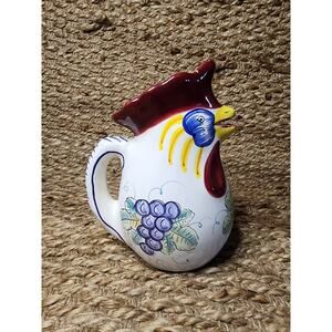 Vintage Pottery Derutta Girasole Italy Rooster Pitcher Hand Painted Grapes 8"